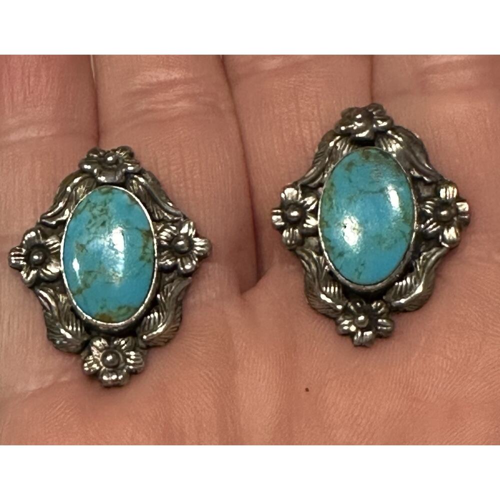 Navajo Earrings 925 Silver Dangle Natural Turquoise Native Artist C.80's